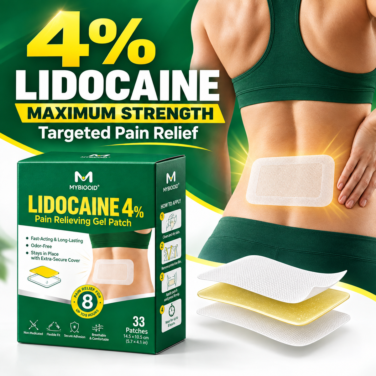 mybiooid 4% Lidocaine Pain Relief Patches 33 Count(Pack of 1)