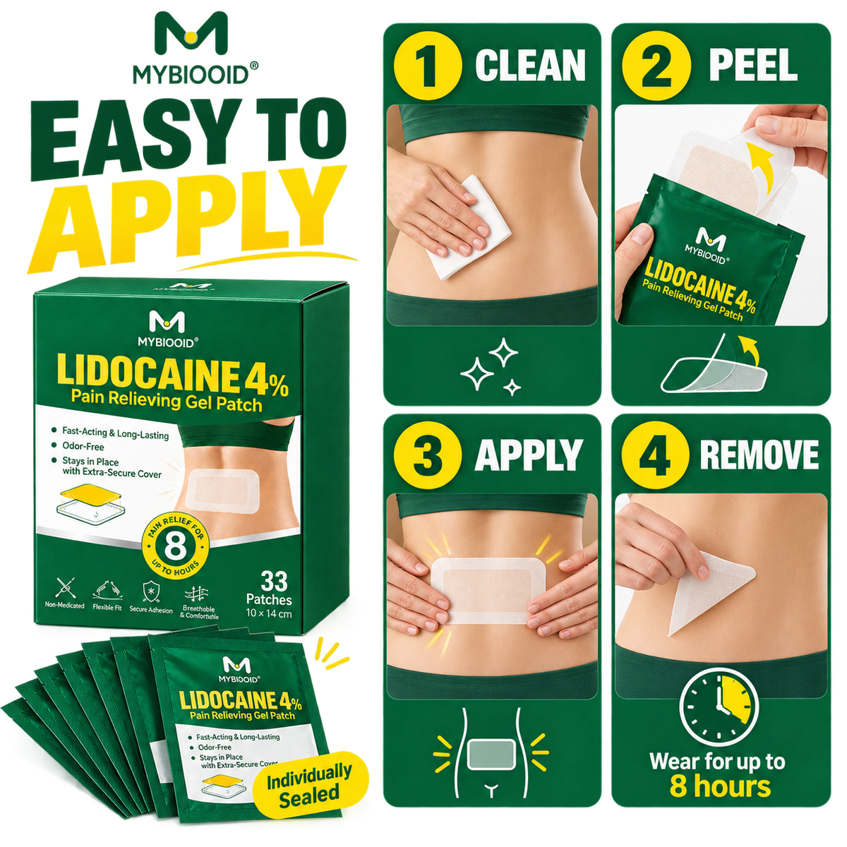 mybiooid 4% Lidocaine Pain Relief Patches 33 Count(Pack of 1)